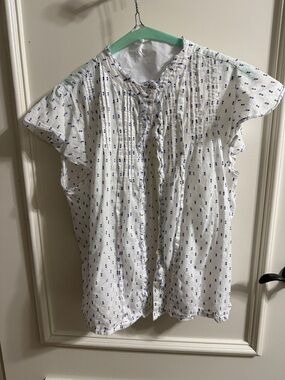 Lucky Brand White Top with Blue Dot Flutter Sleeves